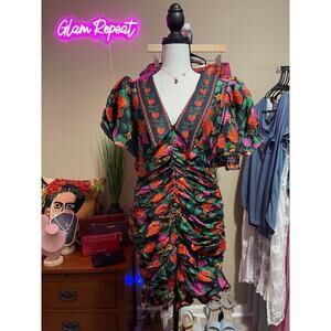 Farm Rio Lady Strawberry Puff-Sleeve Mini Dress